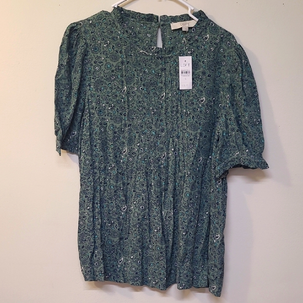 LOFT Green Puff Sleeve Blouse with Mandarin Collar